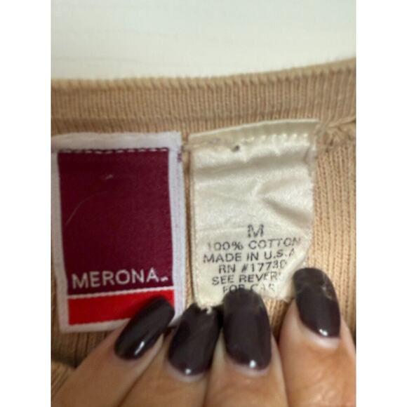 y2k V-neck Tan Black Striped Short Sleeve Sweater Womens M | 90s Office Merona - Picture 5 of 6